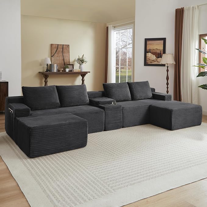 ivoros 140 Inch Modular Sectional Sofa Couch, Oversized Modern Cloud Couch for Living Room, U Shape Couches with 2 Ottomans and Cup Holders, Dark Grey Corduroy Boneless Sofas, Sofa in a Box