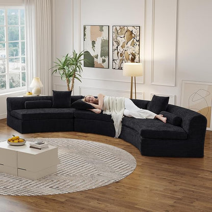 AVZEAR Curved Modular Sectional Sofa, Chenille Upholstered Cloud 3 Seater Couch for Living Room, No Assembly Modern Love Seat Sofa with 3 Bolster Pillows & 3 Square Pillows, High-Density Foam, Black