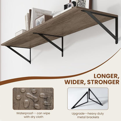 Heimlove Deep Floating Shelves for Wall, 48W x 12D Rustic Grey Wood Wall Shelves Set of 2, Large Floating Shelf for Living Room, Kitchen, Office, Bedroom and Decor Storage, with Metal Bracket - Grey