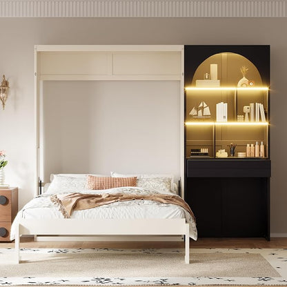 Merax Farmhouse Multi-Functional Murphy Bed with Cabinets & a Drawer,Black | Queen Size Solid Wood Foldable Wall Bed with Upholstered Headboard / No Box Spring Needed / Space Saving