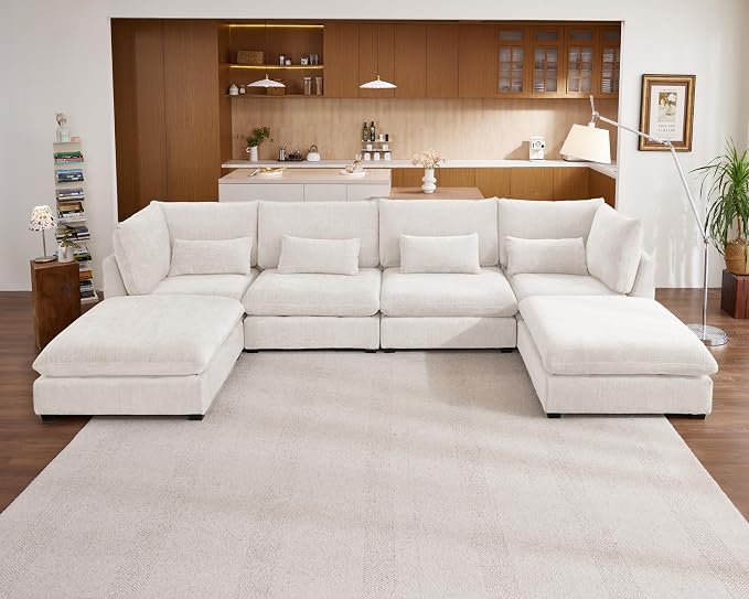 154" Oversized Chenille Couch Modular Sectional Sofa, Washable Cloud Couch Sectional with 2 Ottoman, 6 Seater Sectional Couches for Living Room, Fully Cover Removable, U Shaped, Chenille, White