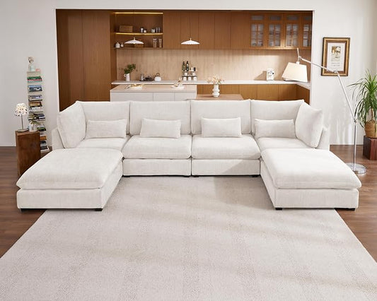 154" Oversized Chenille Couch Modular Sectional Sofa, Washable Cloud Couch Sectional with 2 Ottoman, 6 Seater Sectional Couches for Living Room, Fully Cover Removable, U Shaped, Chenille, White