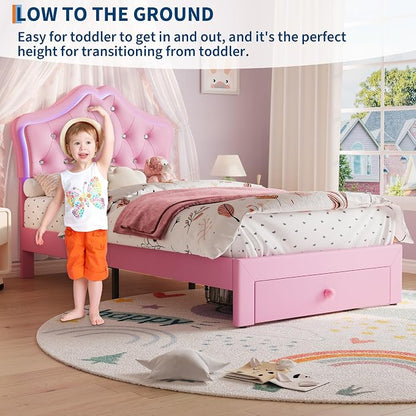 Twin Size Bed Frame for Girls with Storage Drawers & LED Lights, Upholstered Platform Bed, Velvet Crystal Button Princess Bed, Noise-Free Slats, No Box Spring Needed for Kids, Teens, Pink