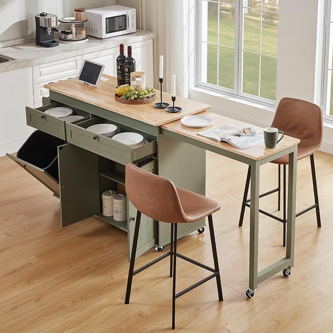 ONBRILL Kitchen Islands with Extendable Dining Table, 81.7" Mobile Kitchen Storage Islands, Rolling Kitchen Cart with Trash Cabinet, Power Outlet, Spice Rack & Towel Rack, Green