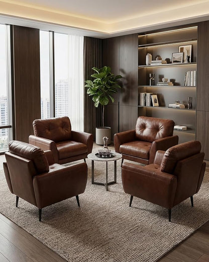 TYBOATLE Accent Chairs Set of 2, Comfy Modern Living Room Brown Leather Reading Accent Chairs Tufted Mid Century Arm Chair Small Salon Chair for Office Bedroom (2, Brown)
