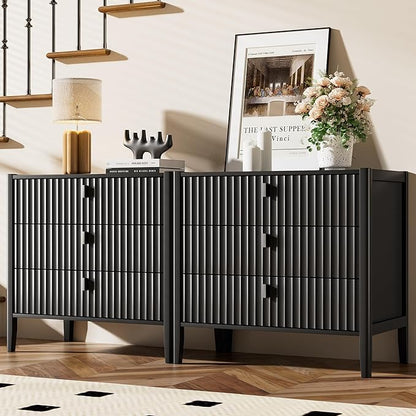 Furniway 31.5" Wide Black 3 Drawer Nightstand, Modern Fluted Bedside Table with Metal Handles, Large Storage End Table for Bedroom
