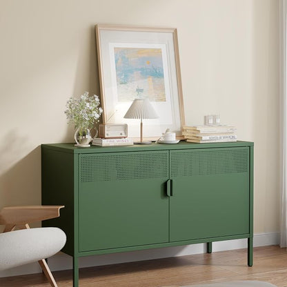 Green 25" H Metal Storage Cabinet with Adjustable Shelf, 2 Door Accent Cabinet, 2-Tier Low Cabinet with Vent Hole, TV Stand for Entryway, Home Office, Music Studio