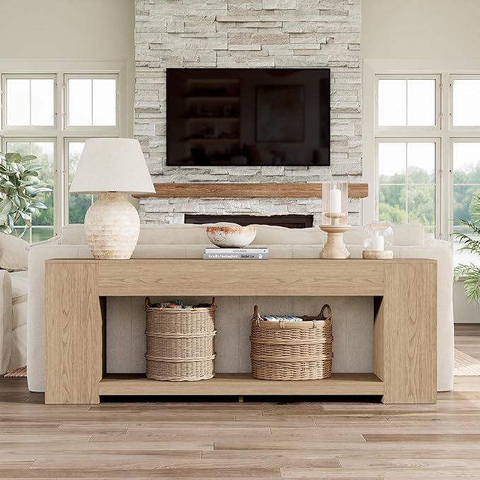 Epecoya Console Table for Entry Way with Storage 86 Inch, Extra Long Sofa Table Behind Couch for Living Room, Wooden Entryway Entrance Table with 2-Tier Shelves, Light Oak Brown