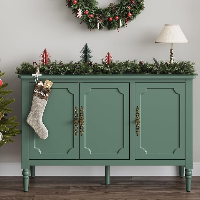 FansaFurn 3-Door Storage Cabinet Set of 2 with Adjustable Shelves, Accent Sideboard Cabinet with Turned Legs, Wood Pantry Cabinet, Buffet Cabinet for Entryway, Living Room, Dining Room, Green