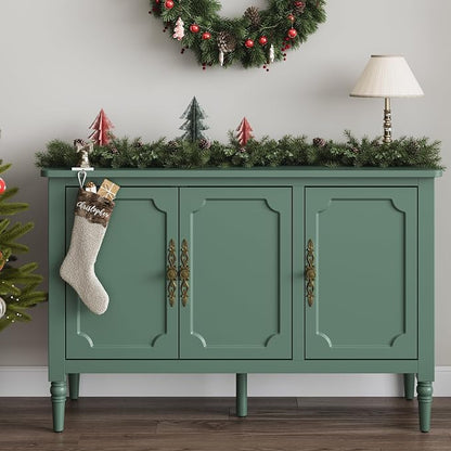 FansaFurn 3-Door Storage Cabinet Set of 2 with Adjustable Shelves, Accent Sideboard Cabinet with Turned Legs, Wood Pantry Cabinet, Buffet Cabinet for Entryway, Living Room, Dining Room, Green