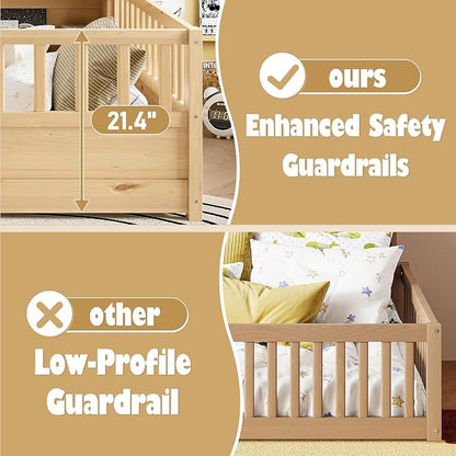 Bellemave Full Size Montessori Floor Bed with Bookcase, Full Floor Bed with High Fence and Storage Shelves, Easy Assemble Montessori Beds Frame for Girls, Boys, Natural