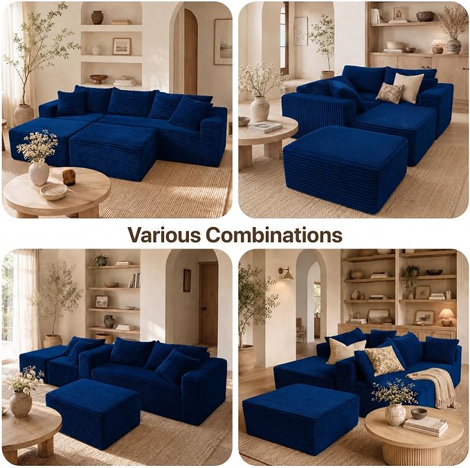 Claiks 104" Boneless Couch, Cloud Couch Sectional, U-Shape Corduroy Modular Sectional Sofa Deep Seat, Upholstered Couches for Living Room, No Assembly Required, Blue