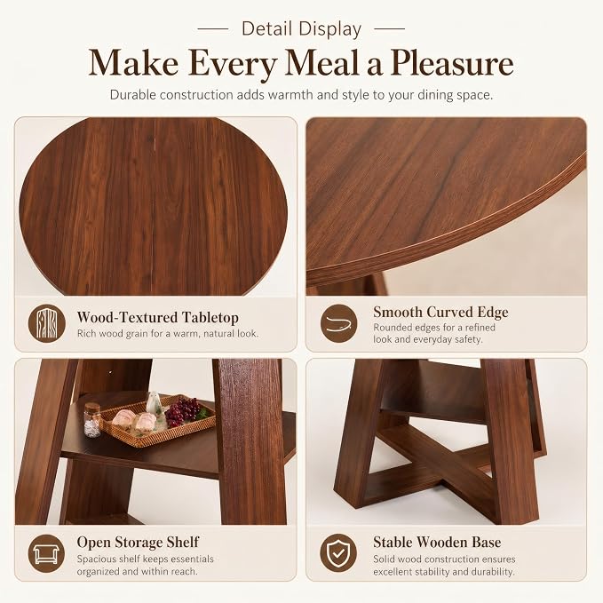 ClinQ 43-59in Extendable Round Dining Table for 4-6, Round to Oval Dining Room Table with Removable Leaves, Space Saving Dinner Table with Storage Shelf, Walnut