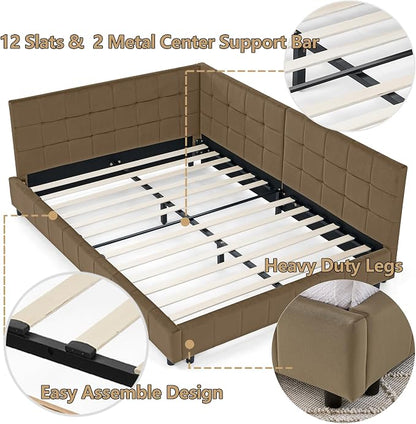 Bellemave Full Size Corner Bed Frame with Comfortable Backrest and Armrests, Velvet Tufted Corner Bed Frame Full Size, Upholstered Daybed for Bedroom, Living Room, Guest Room, Brown