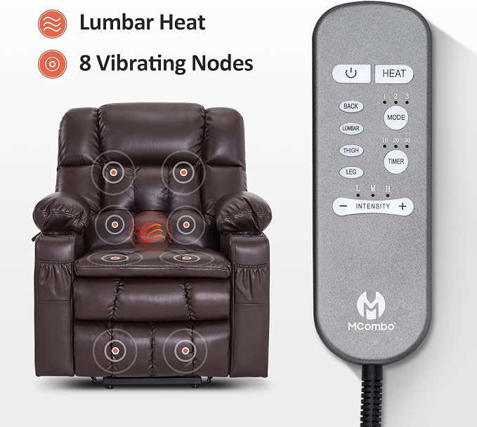 MCombo Small Dual Motor Power Lift Recliner Chair for Petite Elderly, Zero Gravity Lift Chair with Heat and Massage, Infinite Position, USB Ports,Faux Leather 7893 (Dark Brown, Small)