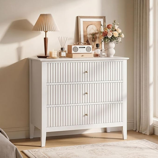 RoyalCraft White Fluted 3 Drawer Dresser, 32 inch Wide Dresser Nightstand for Bedroom, Modern Wood Chest of Drawers, Large Painted Nightstand with 3 Drawers for Closet, Hallway, Entryway