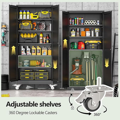 Metal Garage Storage Cabinet, 75”Tall Rolling Utility Cabinet Black | storage system with Wheels, Lock, 5 Adjustable Shelves, Heavy Duty Steel Tool Locker for Home Office, Utility Room, Gym