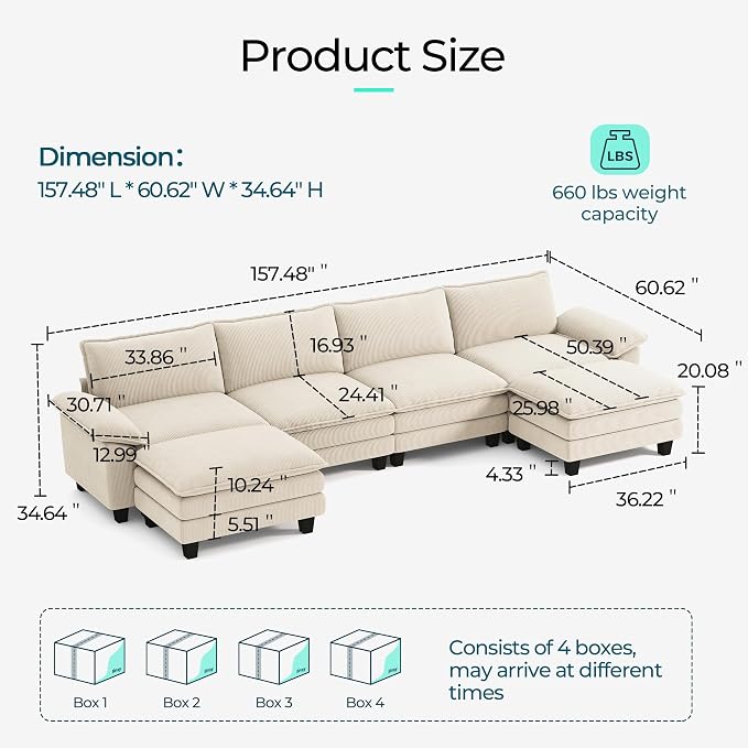 LINSY HOME 157'' Modular Sectional Sofa 4 Seat Couch Corduroy Cloud Couch with Deep Seat, Modern U-Shaped Cloud Couch with 2 Movable Ottoman for Living Room, Office, Bedroom, Beige