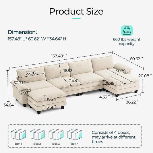 LINSY HOME 157'' Modular Sectional Sofa 4 Seat Couch Corduroy Cloud Couch with Deep Seat, Modern U-Shaped Cloud Couch with 2 Movable Ottoman for Living Room, Office, Bedroom, Beige