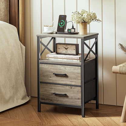 Huuger Night Stand with Charger Station, 2 Drawer Nightstand with Open Shelf, Bed Side Table with USB-C Port, End Table, Compact Size for Small Spaces, X Shaped Side Rail, Oak