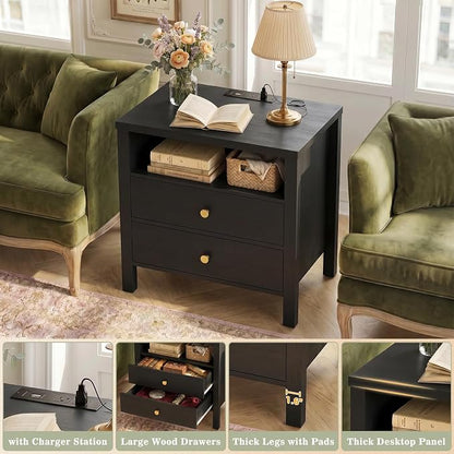 Aheaplus Nightstand with Charging Station, 23.6'' Large Bed Side Table with Wooden 2 Drawers, Night Stand for Bedroom, End Table with Open Storage Shelf for Living Room, Set of 2, Black