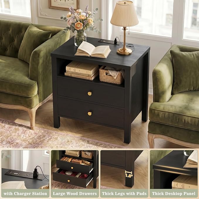 Aheaplus Nightstand with Charging Station, 23.6'' Large Bed Side Table with Wooden 2 Drawers, Night Stand for Bedroom, End Table with Open Storage Shelf for Living Room, Black