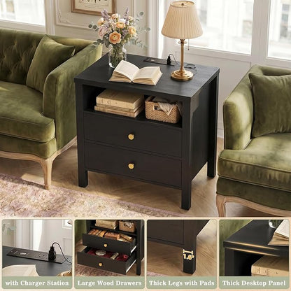 Aheaplus Nightstand with Charging Station, 23.6'' Large Bed Side Table with Wooden 2 Drawers, Night Stand for Bedroom, End Table with Open Storage Shelf for Living Room, Black