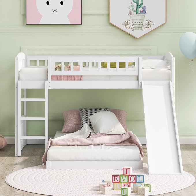 Twin Over Twin Bunk Bed, Wood Bunk Bed with Slide and Ladder, White
