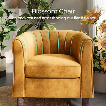 LINSY Accent Chair with Ottoman, Modern Barrel Chair Comfy Armchair Reading Chair with Footrest, Round Arms Chair for Living Room Bedroom Reading Room, Velvet, Yellow