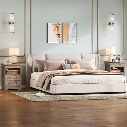 LIKIMIO Nightstand Set of 2, Night Stand with Pull Out Tray, Wooden Bedside Table with 2 Drawers and Open Shelf, Side Table for Bedroom, Grey