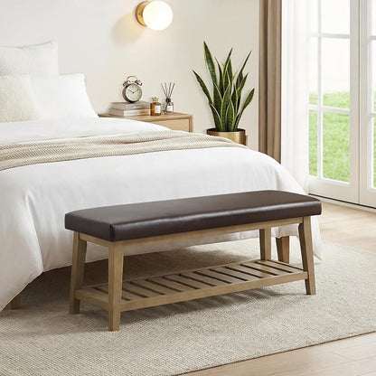Entryway Bench with Cushion, Upholstered Shoe Rack Bench with Solid Wood Shelf, 44" End of Bed Bench for Bedroom, Chenille Fabric Storage Bench for Entryway, Hallway, Living Room (PU-Brown)