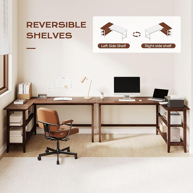 IOTXY Reversible L-Shaped Office Desk - 45" Compact Corner Computer Table with Storage Shelves, Solid Wood Legs, Writing & Study Workstation for Small Spaces, Walnut