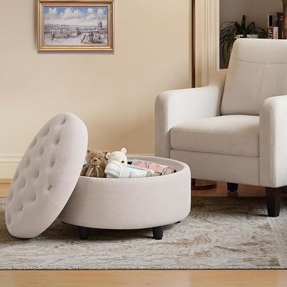 COLAMY Round Hidden Storage Ottoman with Reversible Tray Lid – Multi-Functional Footrest, Sturdy & Stylish Fabric Coffee Table for Living Room, Bedroom, or Entryway, Beige
