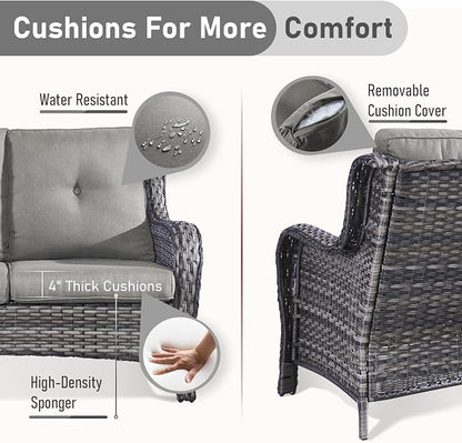 Outdoor Loveseat Sofa - 3 Piece Patio Furniture with Ottoman Deep Seating Patio Couch for Porch Deck Garden Backyard - Grey/Grey