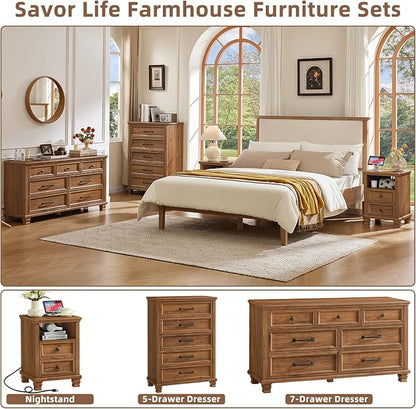 SAVOR LIFE Farmhouse 5 Drawer Dresser for Bedroom, 45” Tall Dressers & Chests of Drawers with Thickened Tabletop & Square Table Legs, Brown