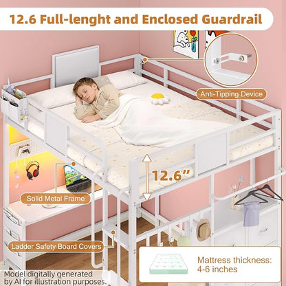 Dnxao Full Size Loft Bed with Desk, 900 lbs Heavy Duty Metal Bed Frame for Adults & Teens, 6 Storage Drawers, Power Outlet with Type-C, LED Lights, Integrated Study Workstation for Small Room, White