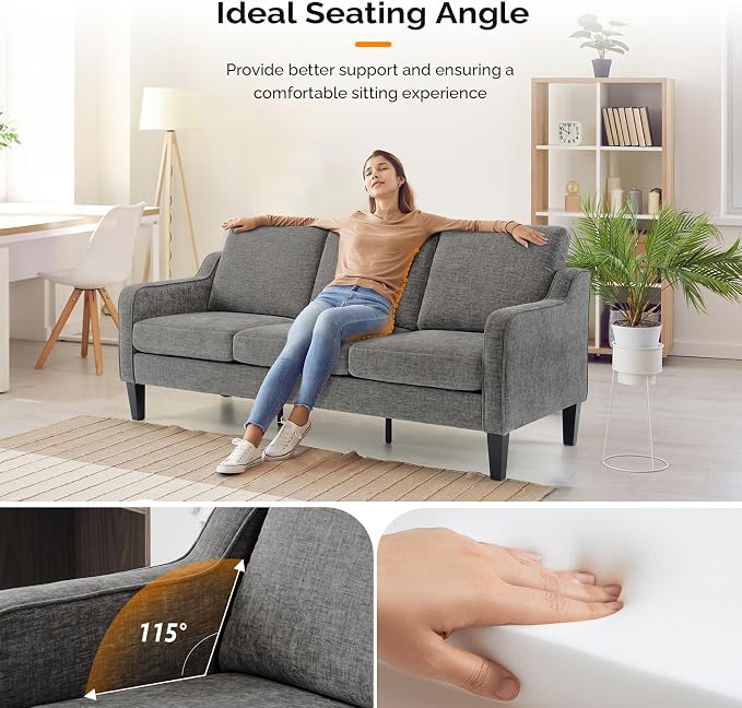 VINGLI Couches for Living Room Sofa 71" Small Couch Loveseat Sofa Mid-Century Modern Couch Grey Soft Chenille Couches Floor Sofa for Bedroom, Apartment, Lounge, Office