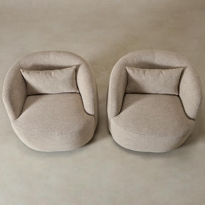 KINWELL 34" Wide Boucle Swivel Barrel Chairs Set of 2, No Assembly Round Upholstered Armchairs Accent Chairs Single Sofa Chair with Toss Pillow for Living Room and Bedroom, Taupe