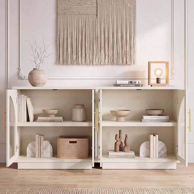 Fatmok Arched Glass Sideboard Buffet Accent Cabinet, 31.5" Display Credenza with Adjustable Shelf,4-Piece Modular Coffee Station Storage for Kitchen Living Room Bedroom, Beige(Not White)