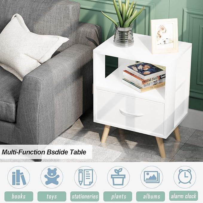 Aenuert Night Stand, White Kids Nightstand with Drawer, Nursery Side Table with Open Storage, 2-Tier Modern End Table, Bedside Table for Small Space, Living Room, Bedroom