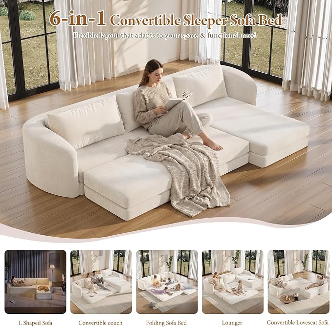 Vesgantti 110.2" Boneless Sectional Couch with Curved Armrest, 6 in 1 Convertible Folding Sleeper Sofa Bed, Chenille Modular Sofa for Living Room, No Assembly Required, Beige, Right Facing Chaise