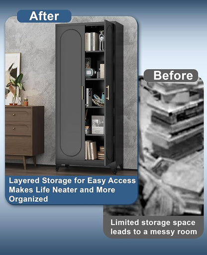 75" Tall Black Metal Storage Cabinet with 2 Doors and 4 Adjustable Shelves, Heavy Duty Steel Pantry Cabinet for Garage, Home Office, Kitchen and Laundry Room, Freestanding Utility Cupboard