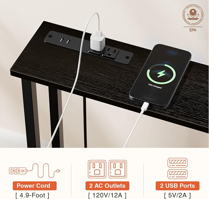 Keelian 90" Narrow Sofa Table - 2 Power Outlets & 4 USB Ports, Metal Frame,Perfect for Hallway, Office, and Behind Sofa - Easy Assembly, 4.9ft Extension Cord Included Black
