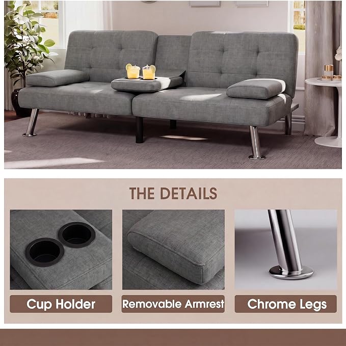 Flamaker Futon Sofa Bed Modern Folding Futon Set Linen Fabric Convertible Recliner Lounge for Living Room with 2 Cup Holders, Removable Armrests (Fabric, Grey)