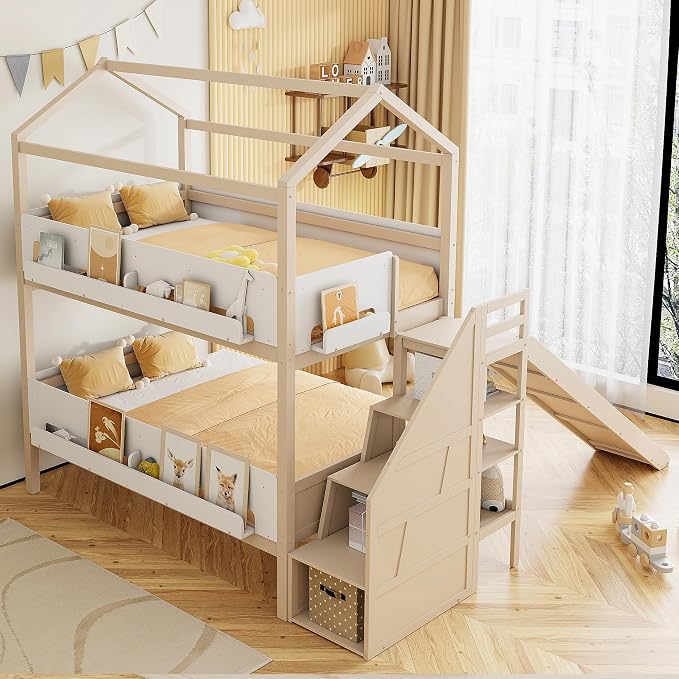 Harper & Bright Designs House Bunk Bed with Trundle and Bookshelf, Twin Over Full Bunk Bed with Slide and Stairs for Kids Teens Adults, Space Saving, No Box Spring Needed, Beige+White