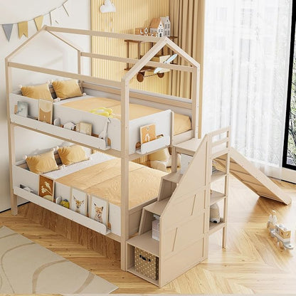 Harper & Bright Designs House Bunk Bed with Trundle and Bookshelf, Twin Over Full Bunk Bed with Slide and Stairs for Kids Teens Adults, Space Saving, No Box Spring Needed, Beige+White