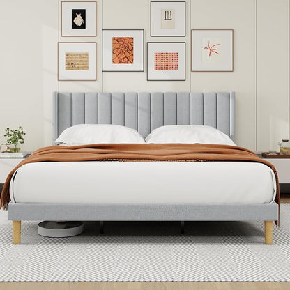 alazyhome Platform Bed Frame King Size with Upholstered Headboard, Solid Wood Slats Support, No Box Spring Needed, Noise Free, Easy Assembly, Modern Fabric Bed, Light Grey