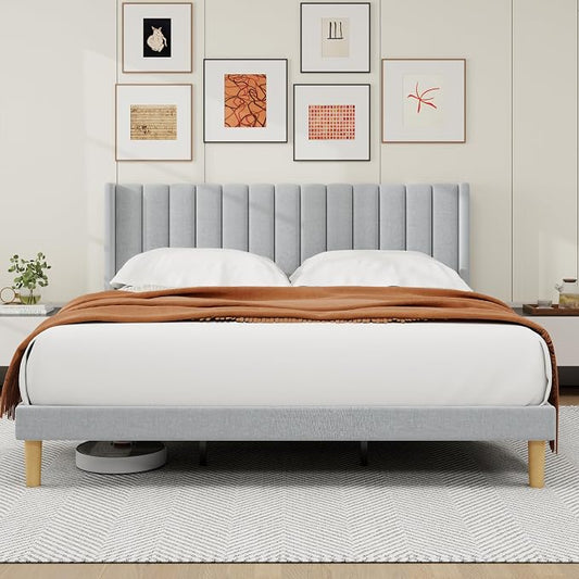 alazyhome Platform Bed Frame King Size with Upholstered Headboard, Solid Wood Slats Support, No Box Spring Needed, Noise Free, Easy Assembly, Modern Fabric Bed, Light Grey
