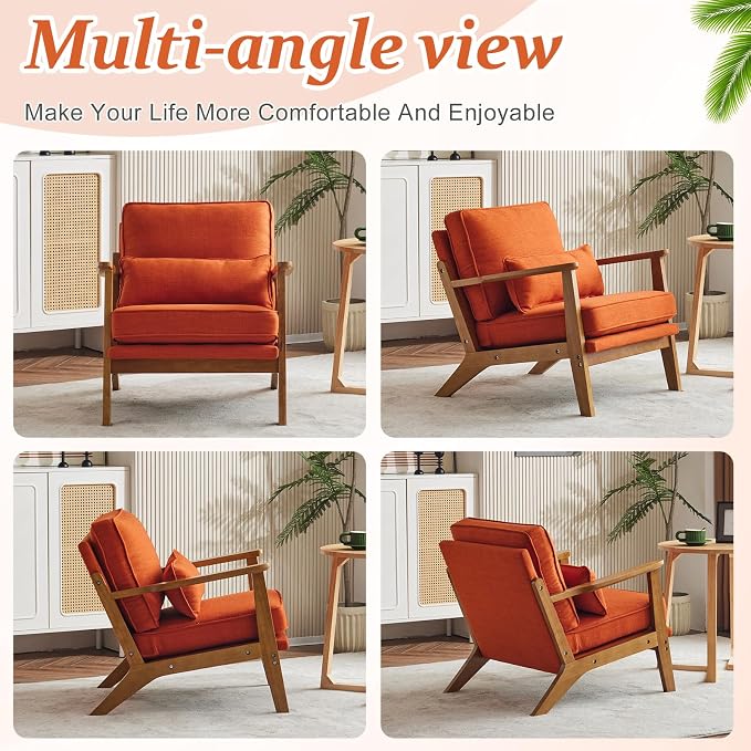 VINGLI Solid Wood Wide Armrests Accent Chair,Upholstered Mid Century Modern Chair with Pillow,Comfy Reading Chair Farmhouse Arm Chair,Chairs Living Room,Bedroom,Guest Room,Linen Fabric,Burnt Orange