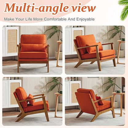 VINGLI Solid Wood Wide Armrests Accent Chair,Upholstered Mid Century Modern Chair with Pillow,Comfy Reading Chair Farmhouse Arm Chair,Chairs Living Room,Bedroom,Guest Room,Linen Fabric,Burnt Orange